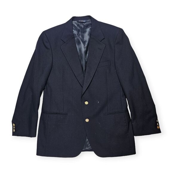 Burberry Double Breasted Blazer Gold Logo Buttons Peak Lapel Navy Blue‎ Men's 40 - Picture 1 of 16